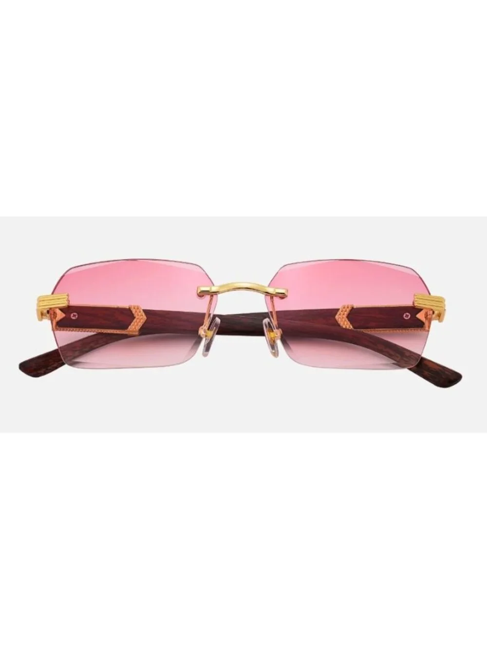 Retro Unisex Rimless Pink Gradient Sunglasses With Gold-Tone & Wooden Arms